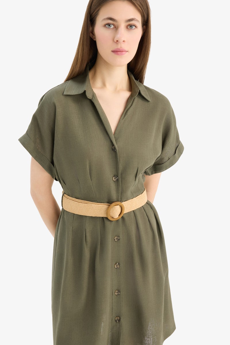 DeFacto Green Woman Shirt Collar Linen Blended Batwing Mini Dress Casual - Image 4